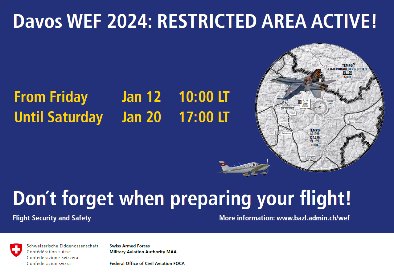 WEF 2024: restrizioni dello spazio aereo dal 12 al 20 gennaio 2024